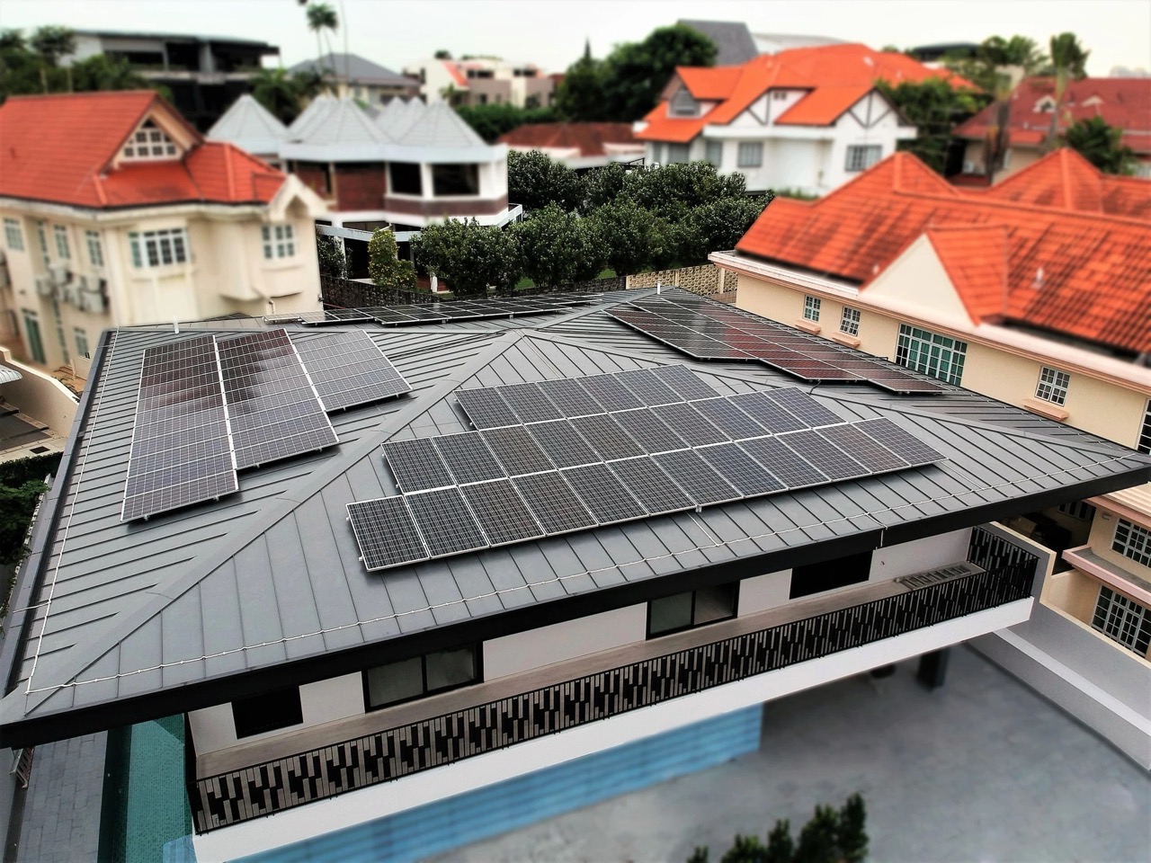 Rezeca Renewables 39.20 kWp solar panel installation on a metal roof at a landed home on Chiltern Drive, Serangoon, Singapore