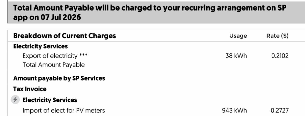 An SP Group electricity bill showing solar import and export charges for a Singapore landed home, illustrating solar payback.