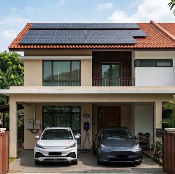 Singapore landed home with rooftop solar and two electric vehicles charging in the carport