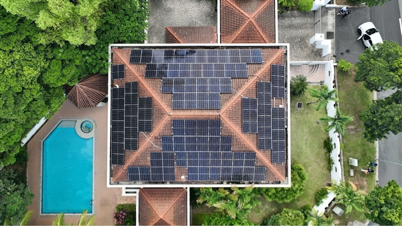 40 kWp solar panel array on the roof of a Good Class Bungalow in the Holland Road area of Singapore.
