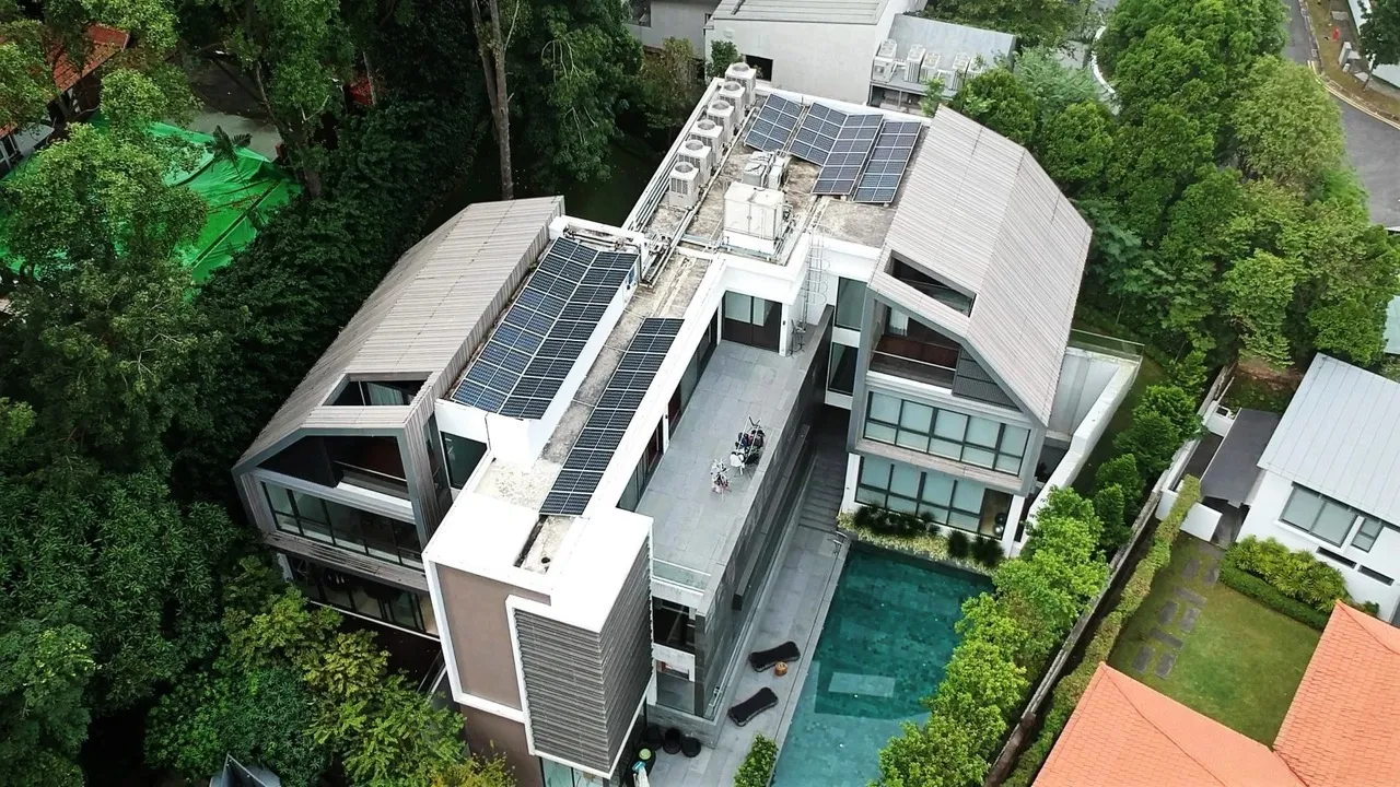 Rezeca Renewables 12.98 kWp solar panel installation on a flat RC roof at a landed home on Swettenham Road, Tanglin, Singapore