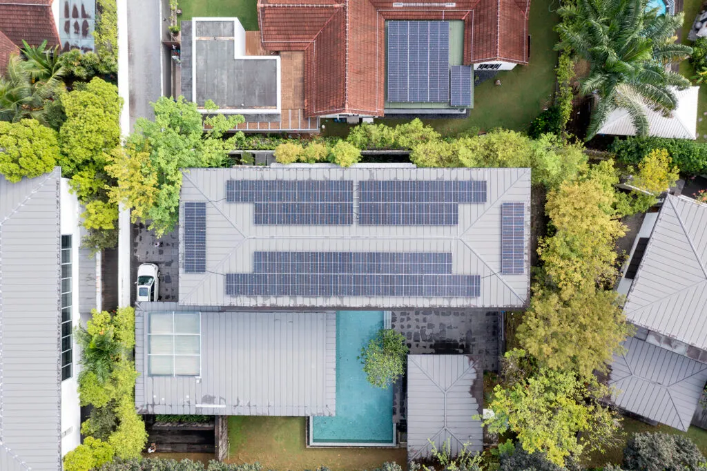 Rezeca Renewables 29.60 kWp solar panel installation on a metal roof at a landed home on Swettenham Road, Tanglin, Singapore