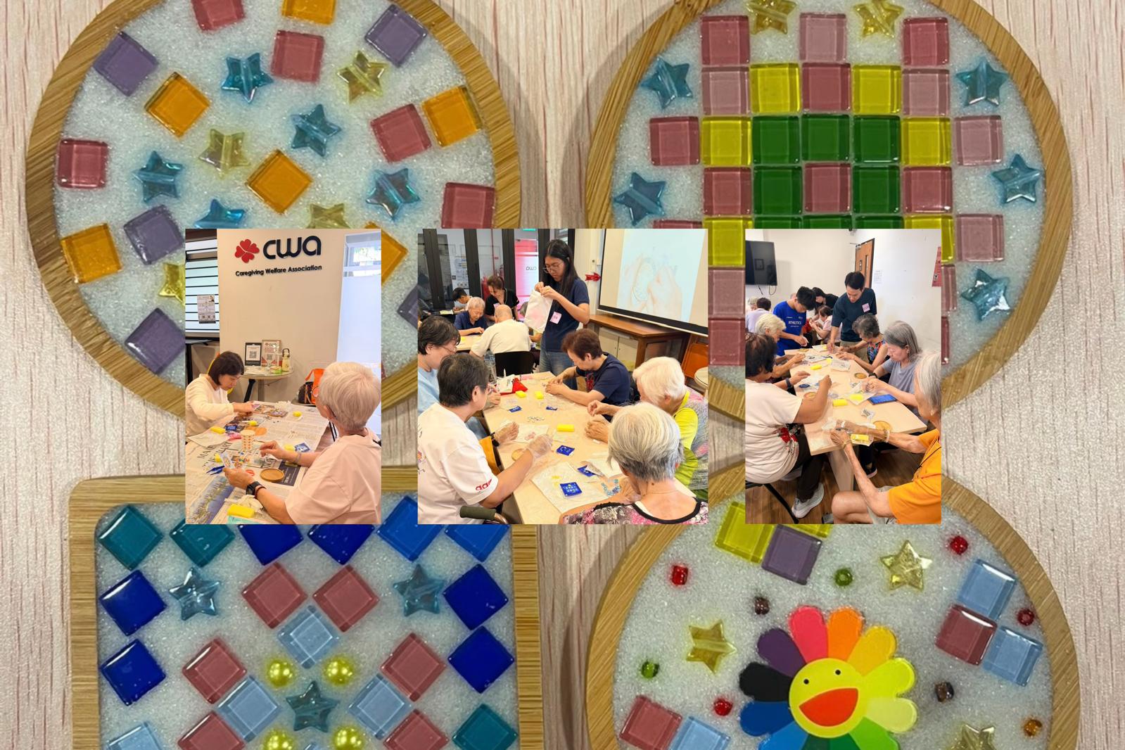 Rezeca Renewables volunteers making mosaic DIY coasters with seniors and caregivers at the Caregiving Welfare Association in Singapore.