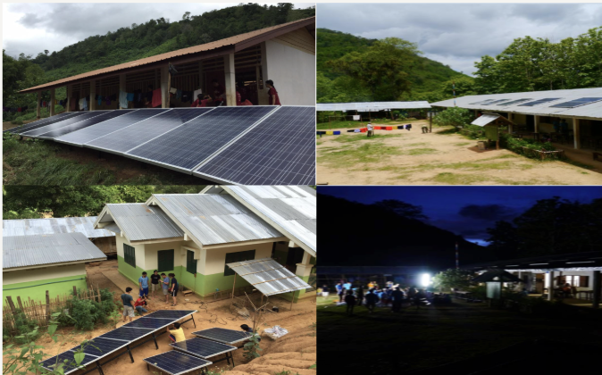 Off-grid solar panels installed by Rezeca Renewables at remote village schools in Laos, including a school lit by solar power after dark.