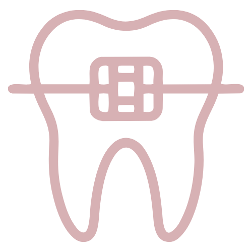 Symbol eines Zahns mit Zahnspange in rosa Linien.