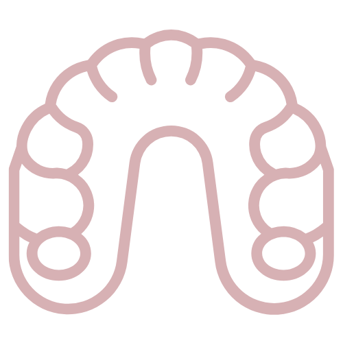 Schematische Darstellung eines Zahnbogens mit Zähnen in rosa Linien.