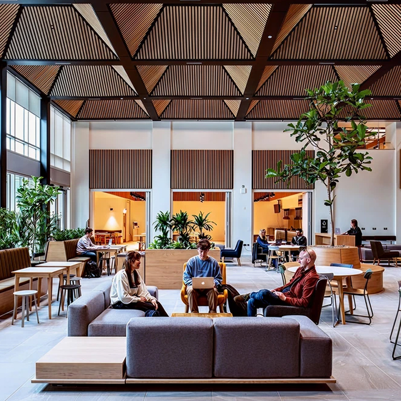 The University of Bristol’s open communal space, with people sitting, working and chatting amid beautiful interior landscaping.
