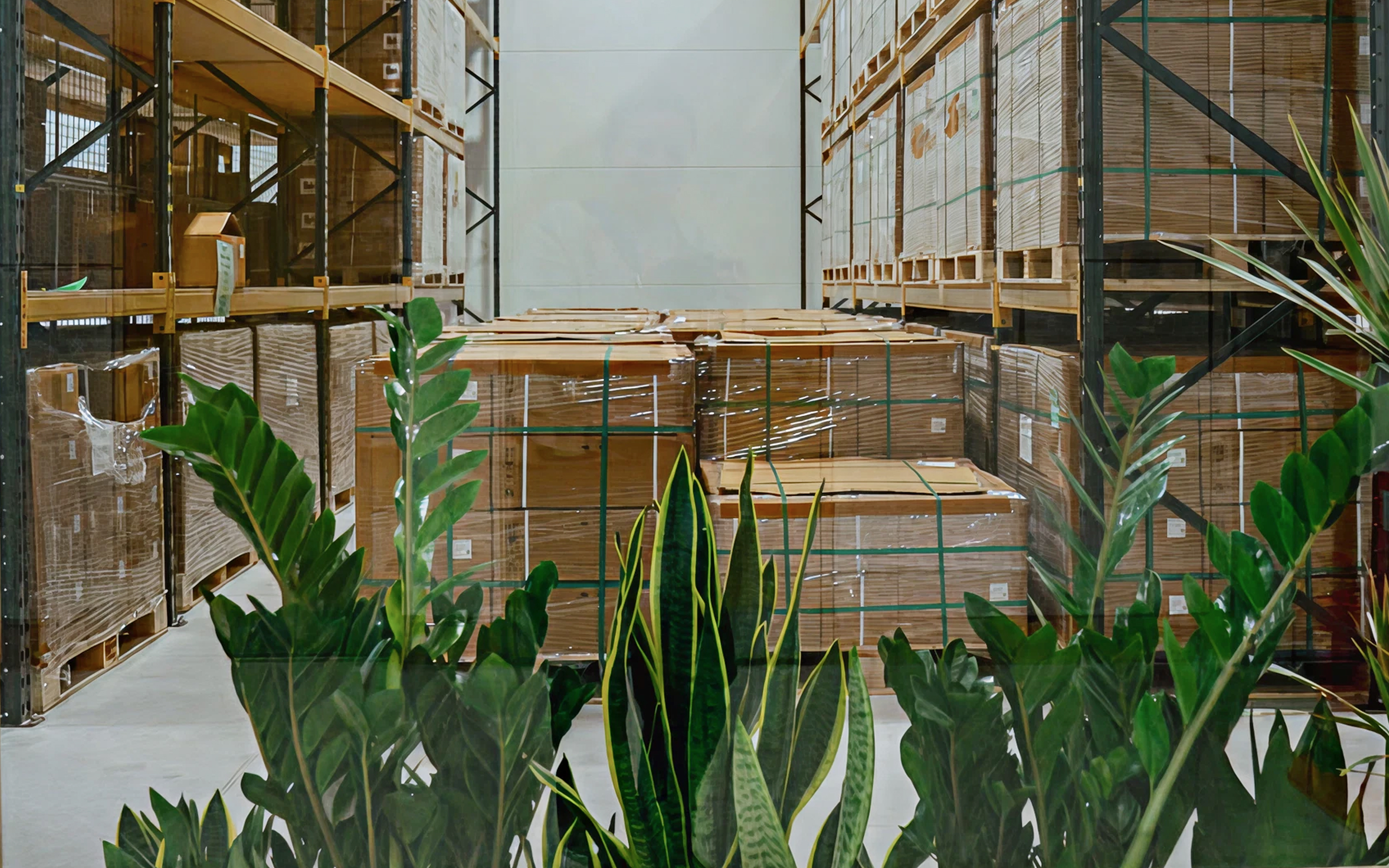 View through a window into a warehouse with shelving and wrapped pallets, framed by lush tropical green plants in the foreground.