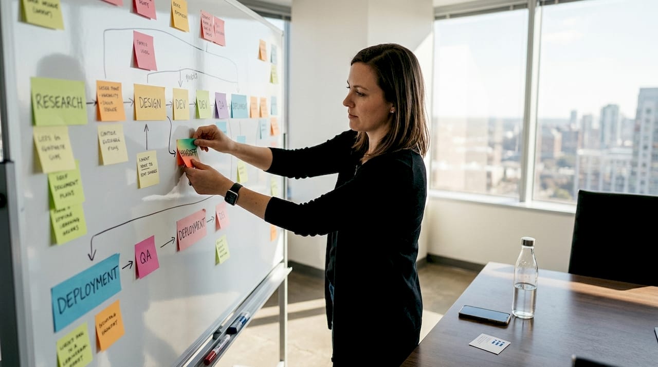 Project manager adjusting notes on workflow board