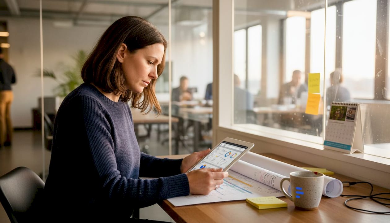 Manager tracking metrics with desk and tablet