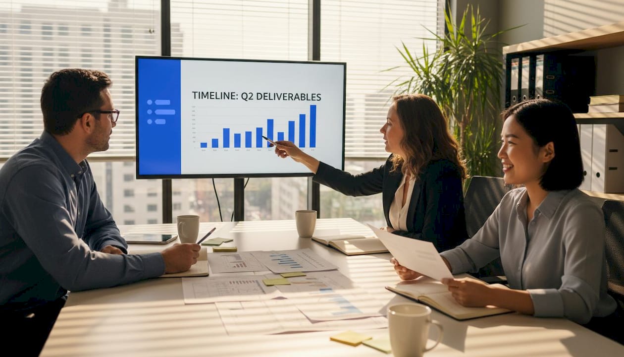 Coworkers reviewing project schedules in office