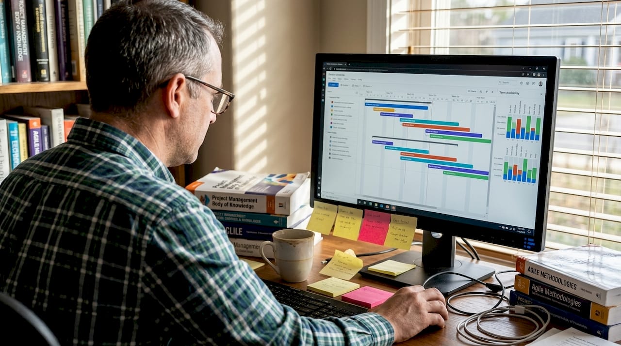 Project manager adjusts team schedule at desk