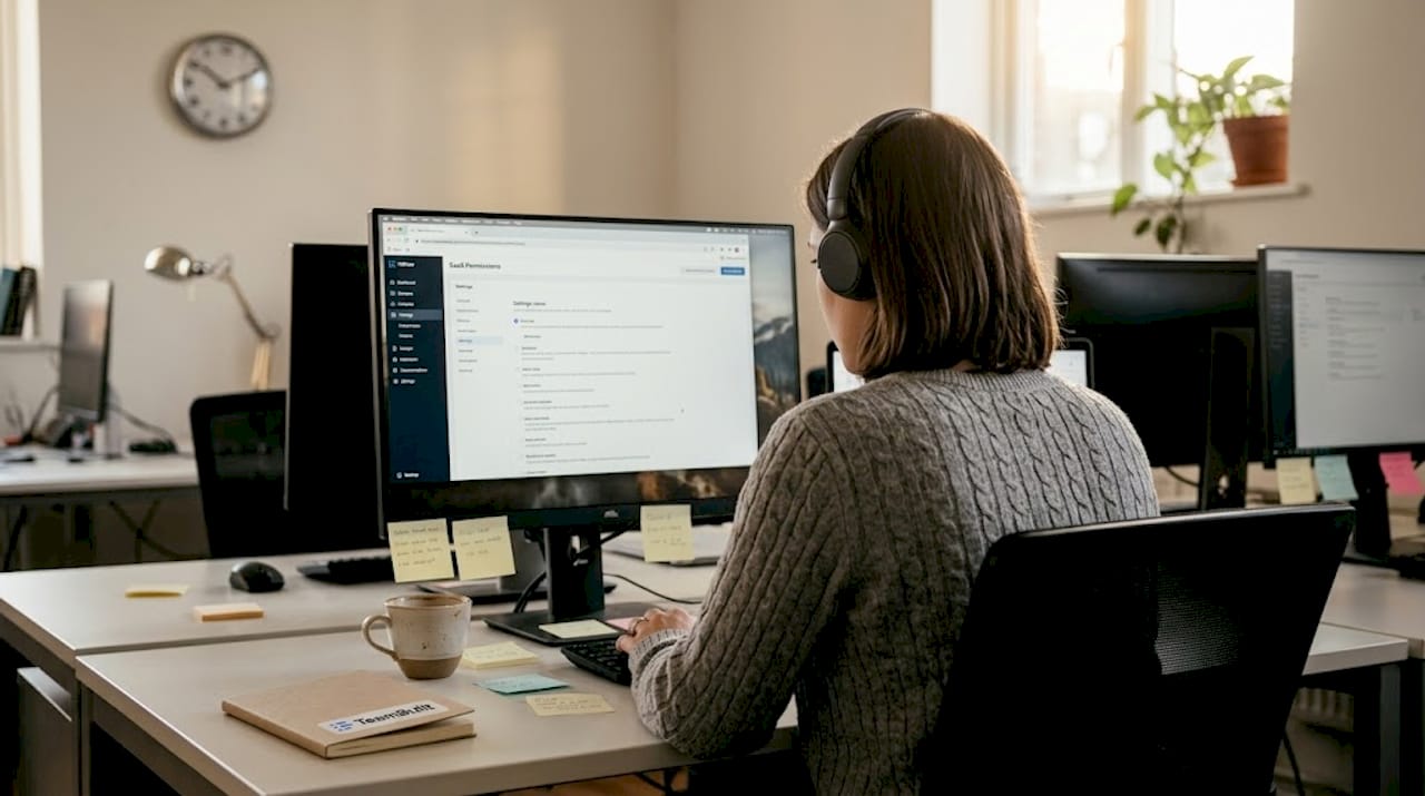 Admin checking SaaS security settings at desk