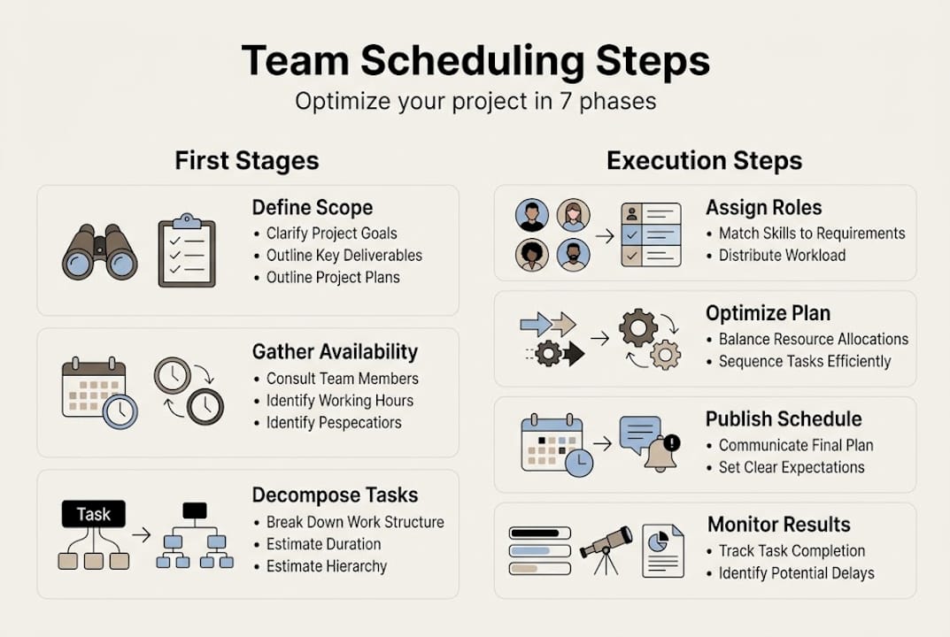 Infographic outlining team scheduling process steps