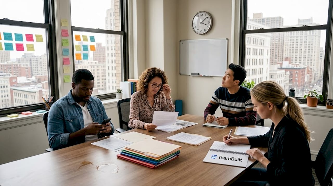 Team in realistic workspace during meeting