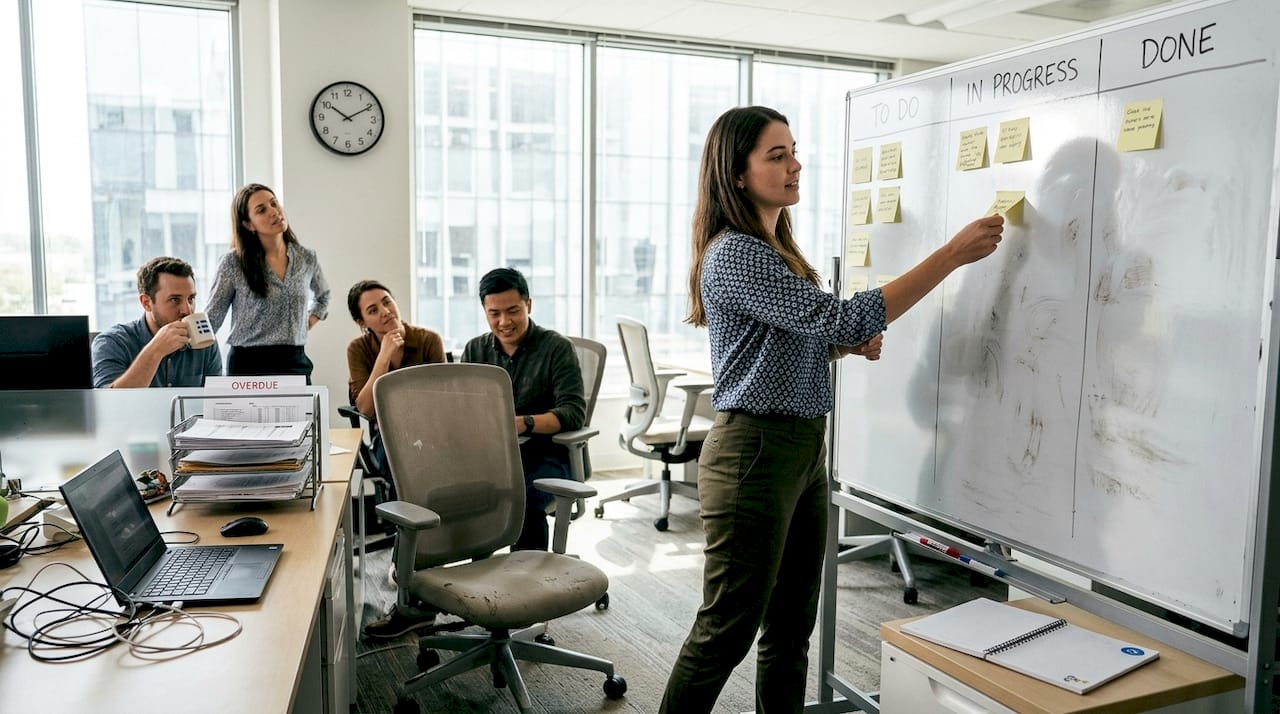 Team using Kanban board in open office