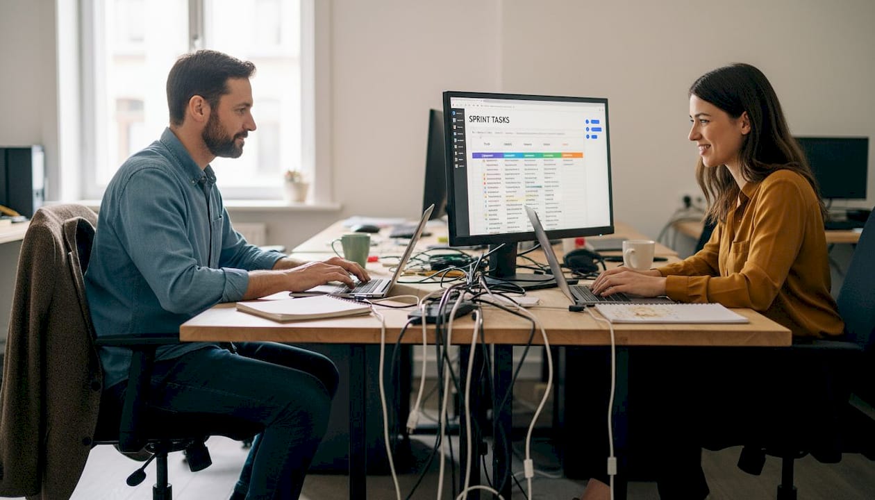 Team working with Kanban board in workspace