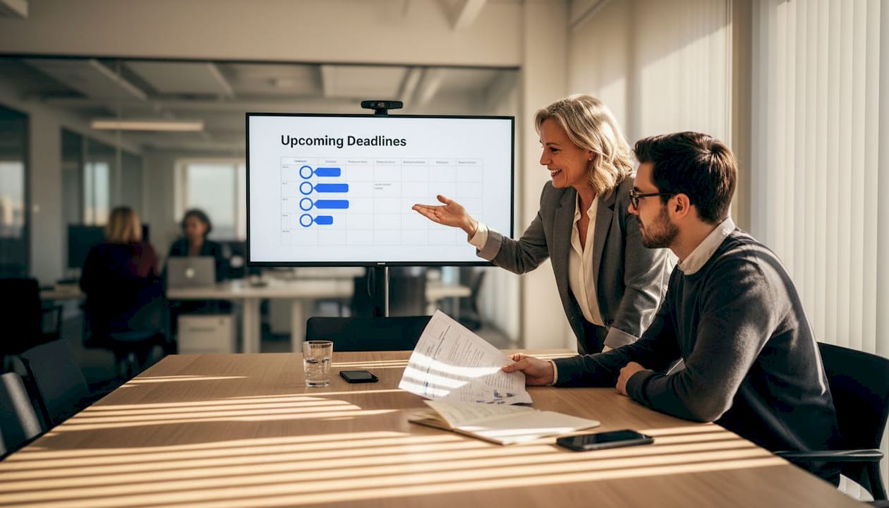 Team reviews project timeline in office