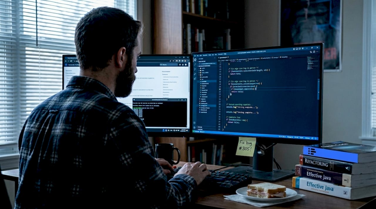 Developer fixing technical debt at cluttered desk