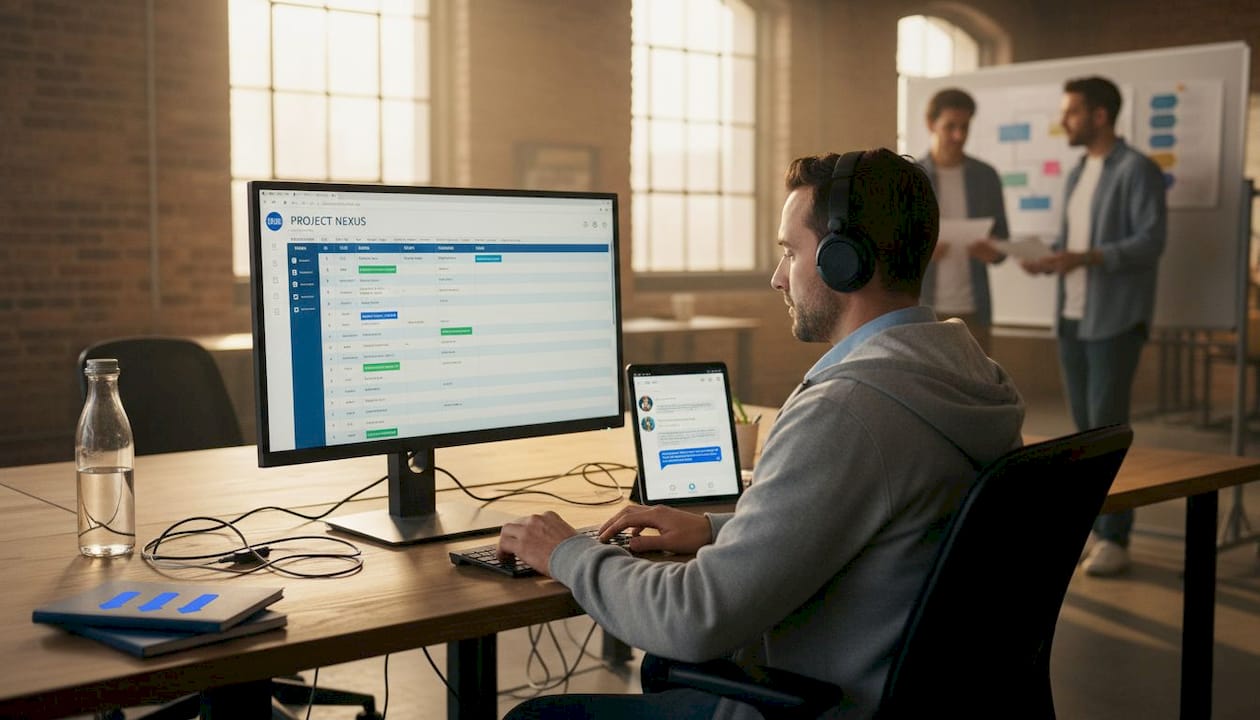 Coordinator tracks tasks on Kanban board in office