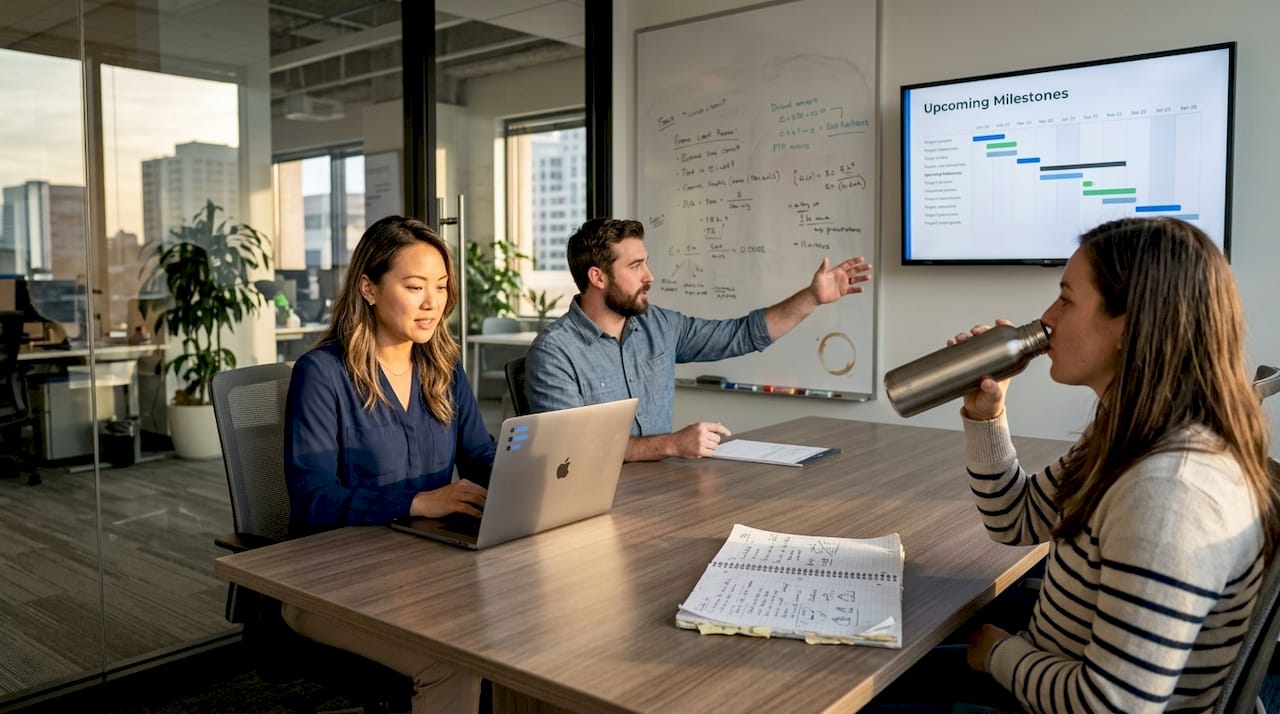 Coworkers updating project plan in meeting room