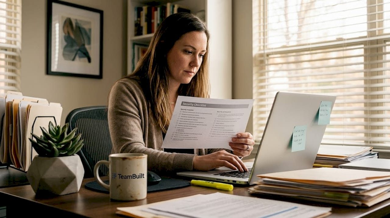 Manager reviewing security planning checklist
