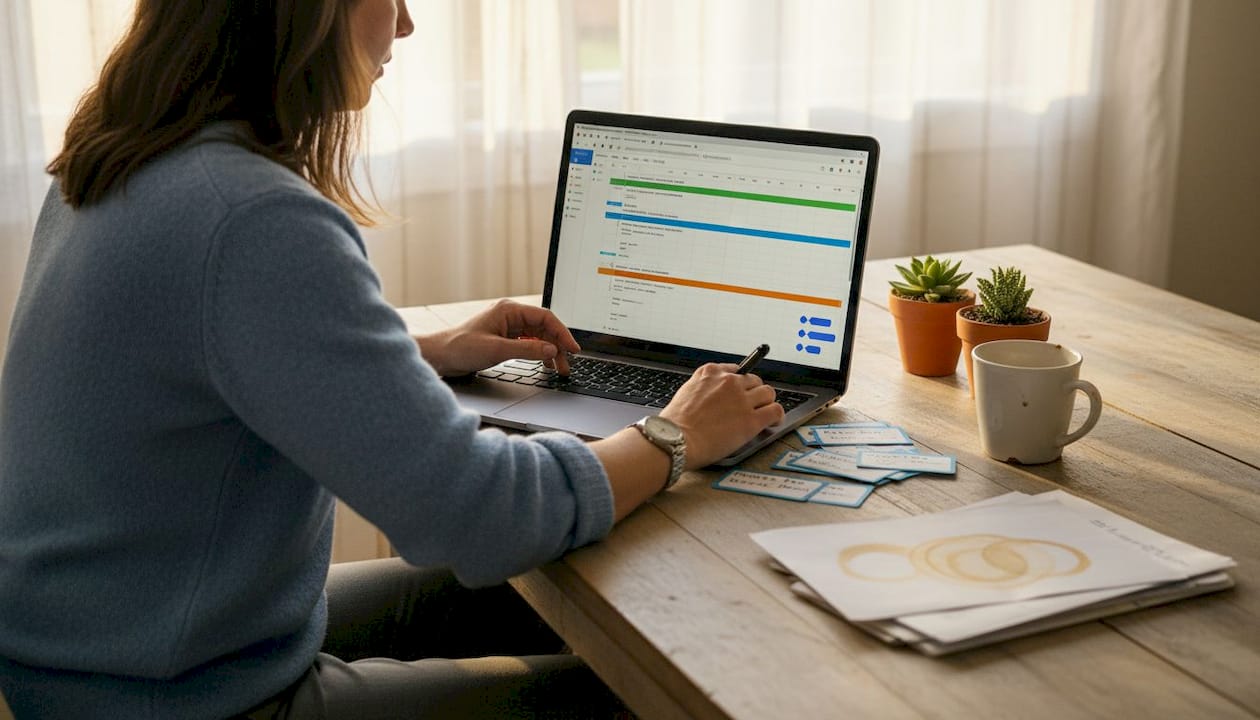 Manager reviewing critical path schedule at home