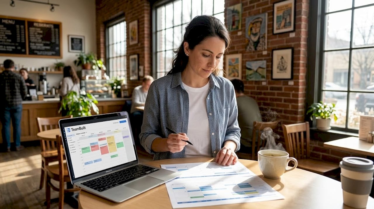 Manager reviewing team workload at cubicle wall