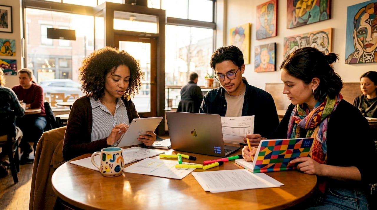 Startup team reviewing schedules at conference table