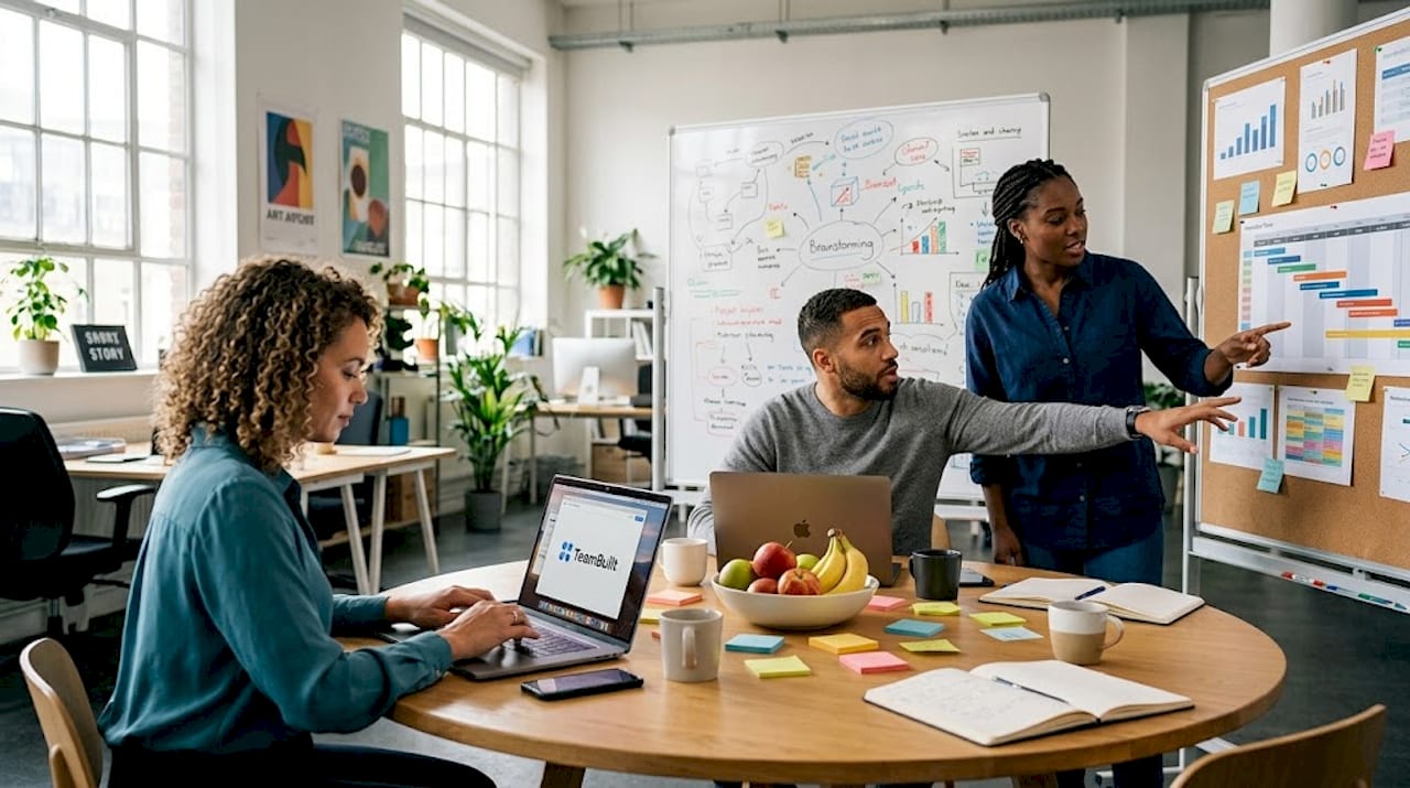 Team collaborating in open office workspace