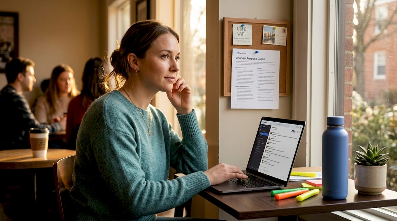 Worker checks channel purpose guide at desk