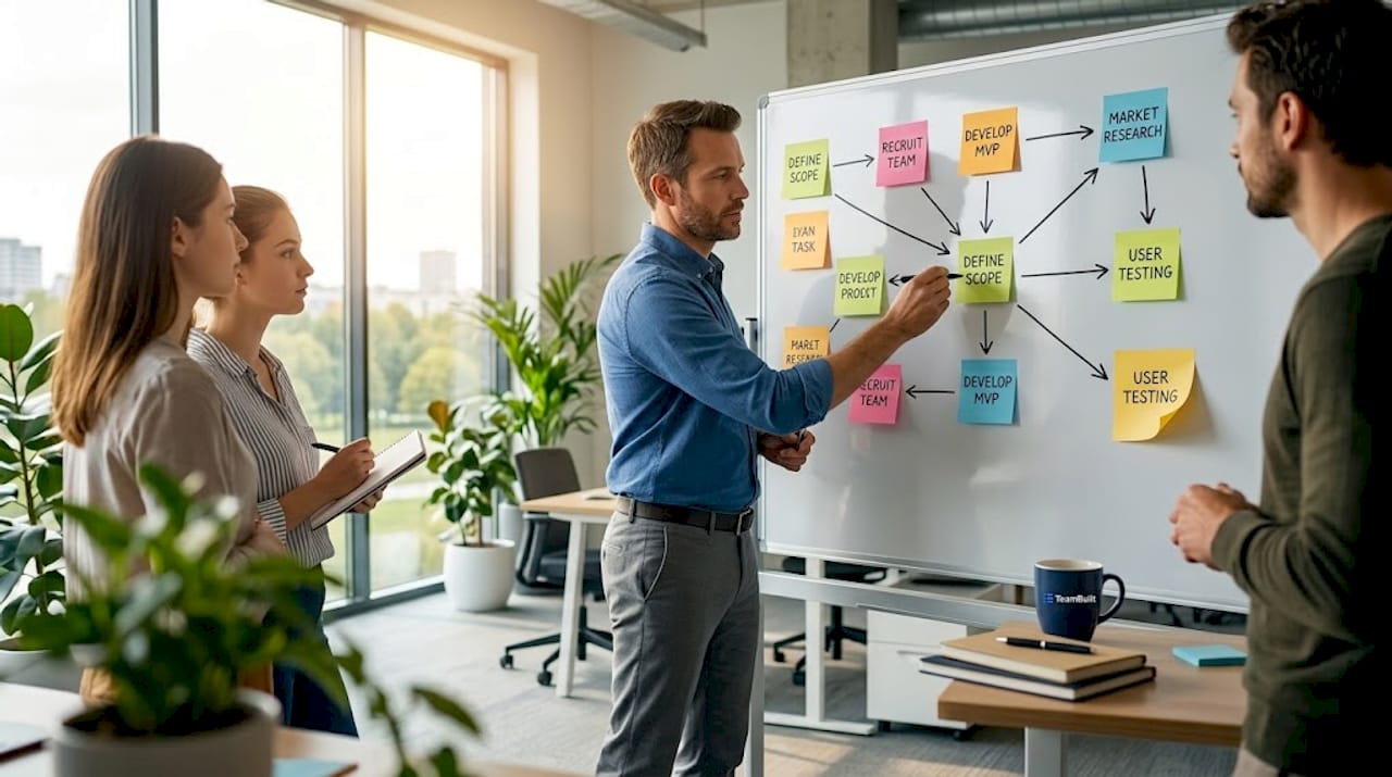 Project manager mapping parallel workflow on whiteboard