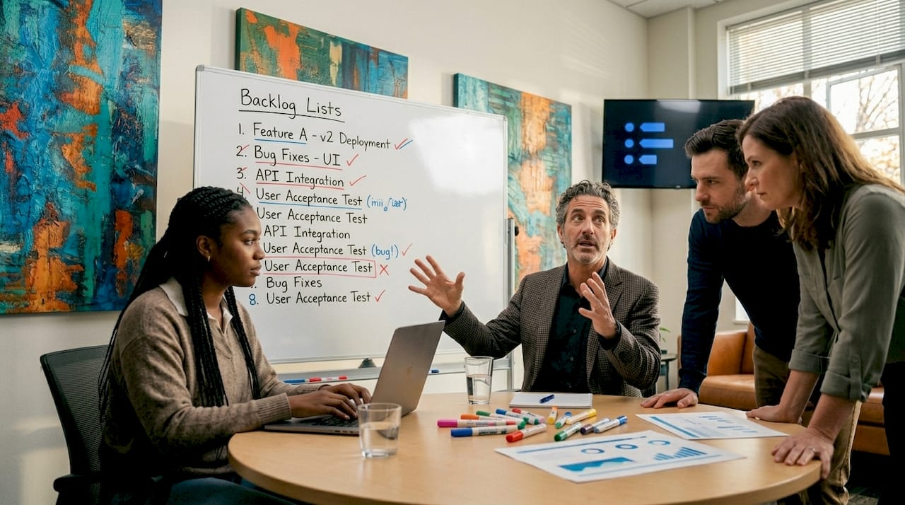 Agency team discussing shared backlog at meeting table