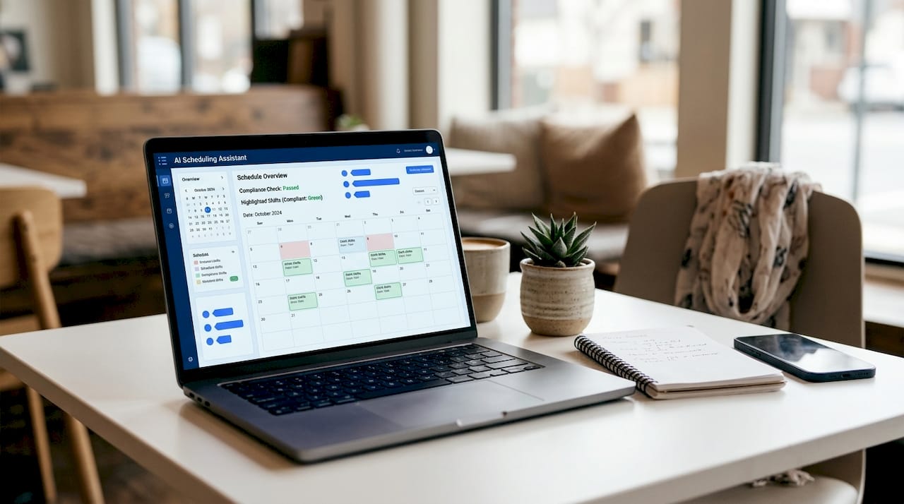 Laptop showing AI scheduling tool interface