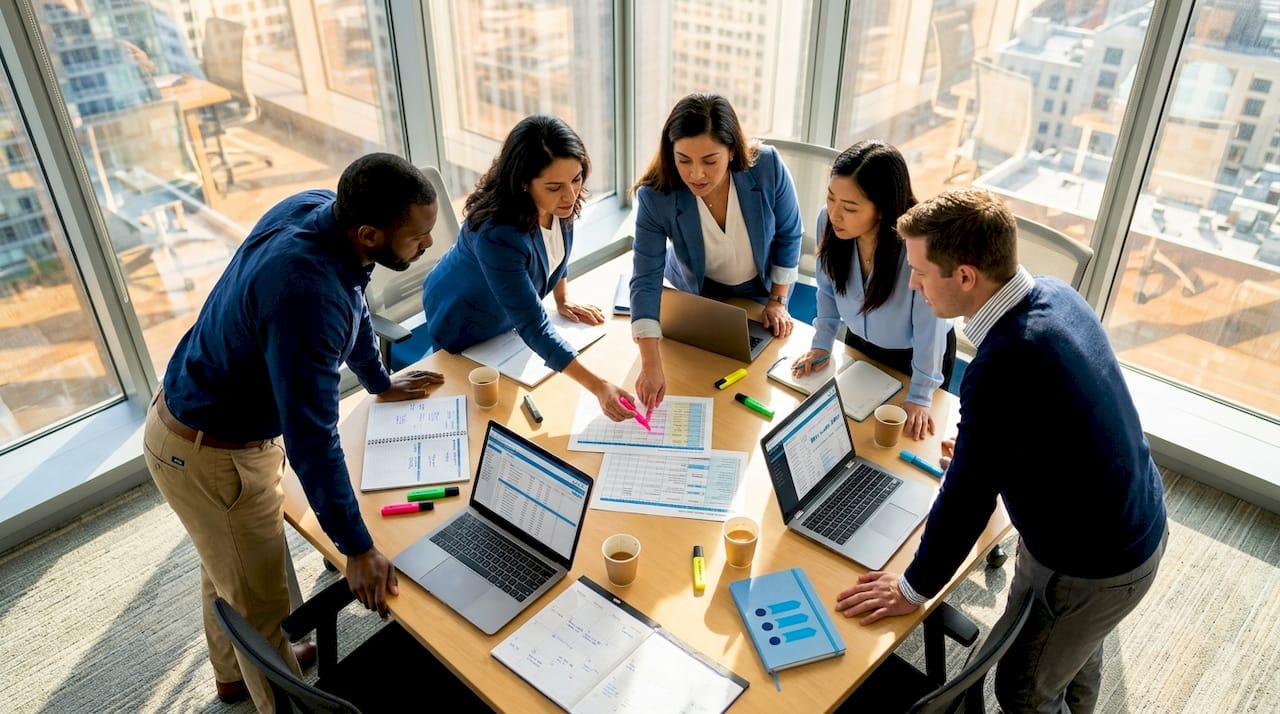 Team coordinating scheduling in meeting room