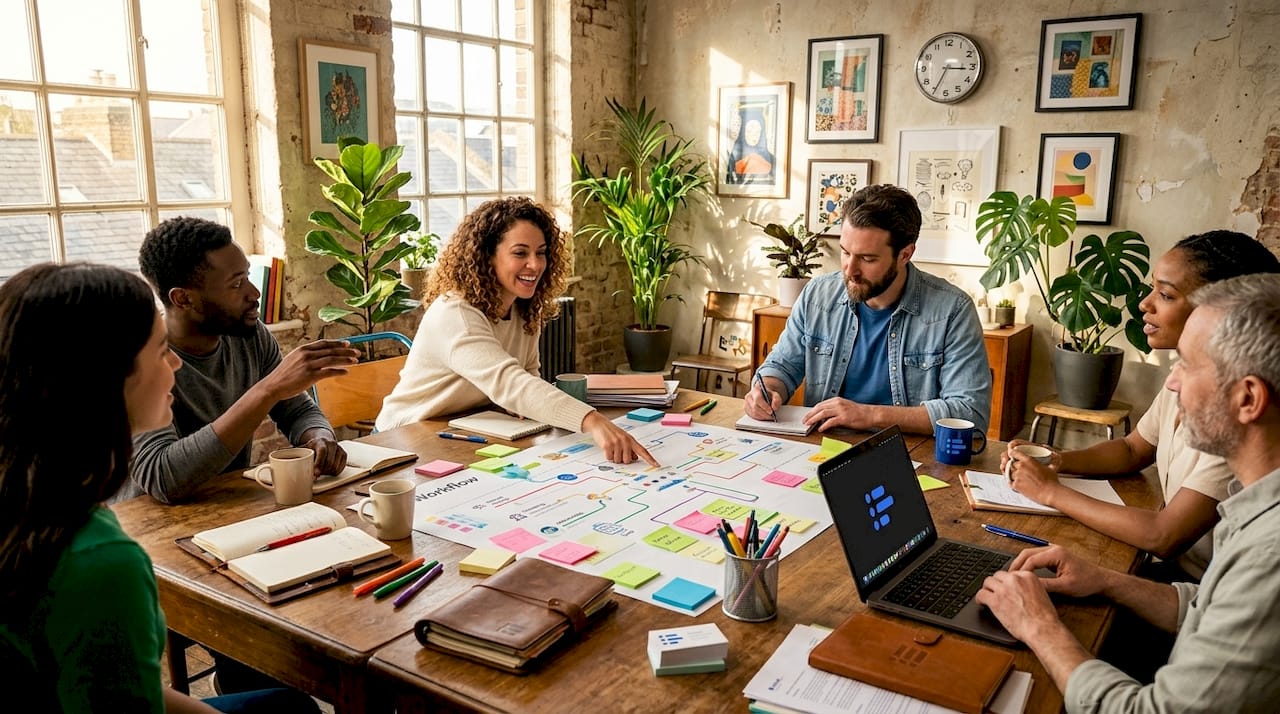 Creative team designing workflow chart