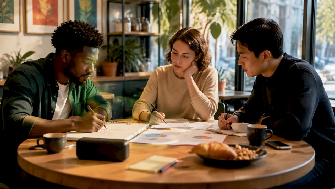 Colleagues collaborating around table with documents and laptop