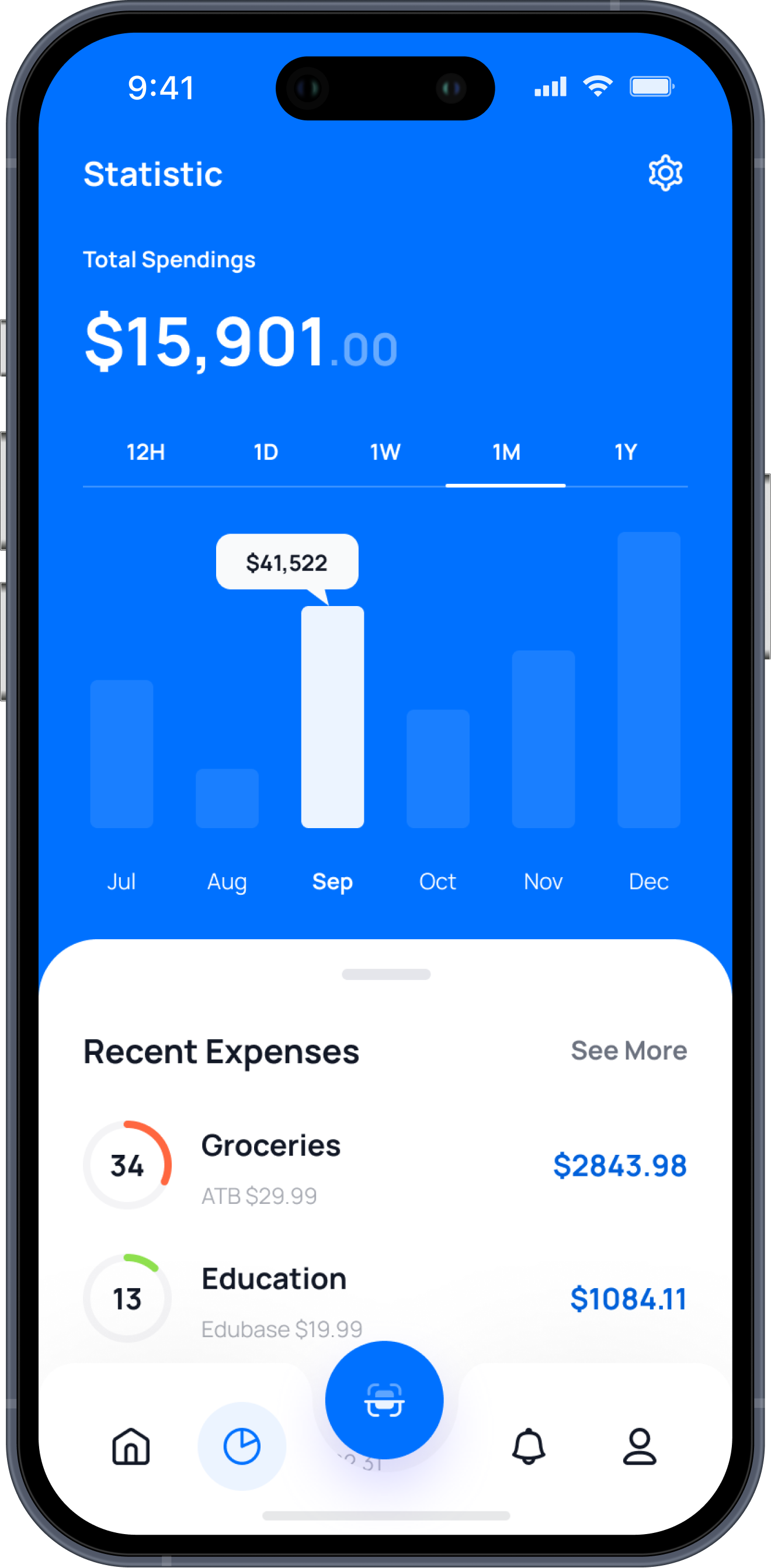 Mobile app showing total spendings