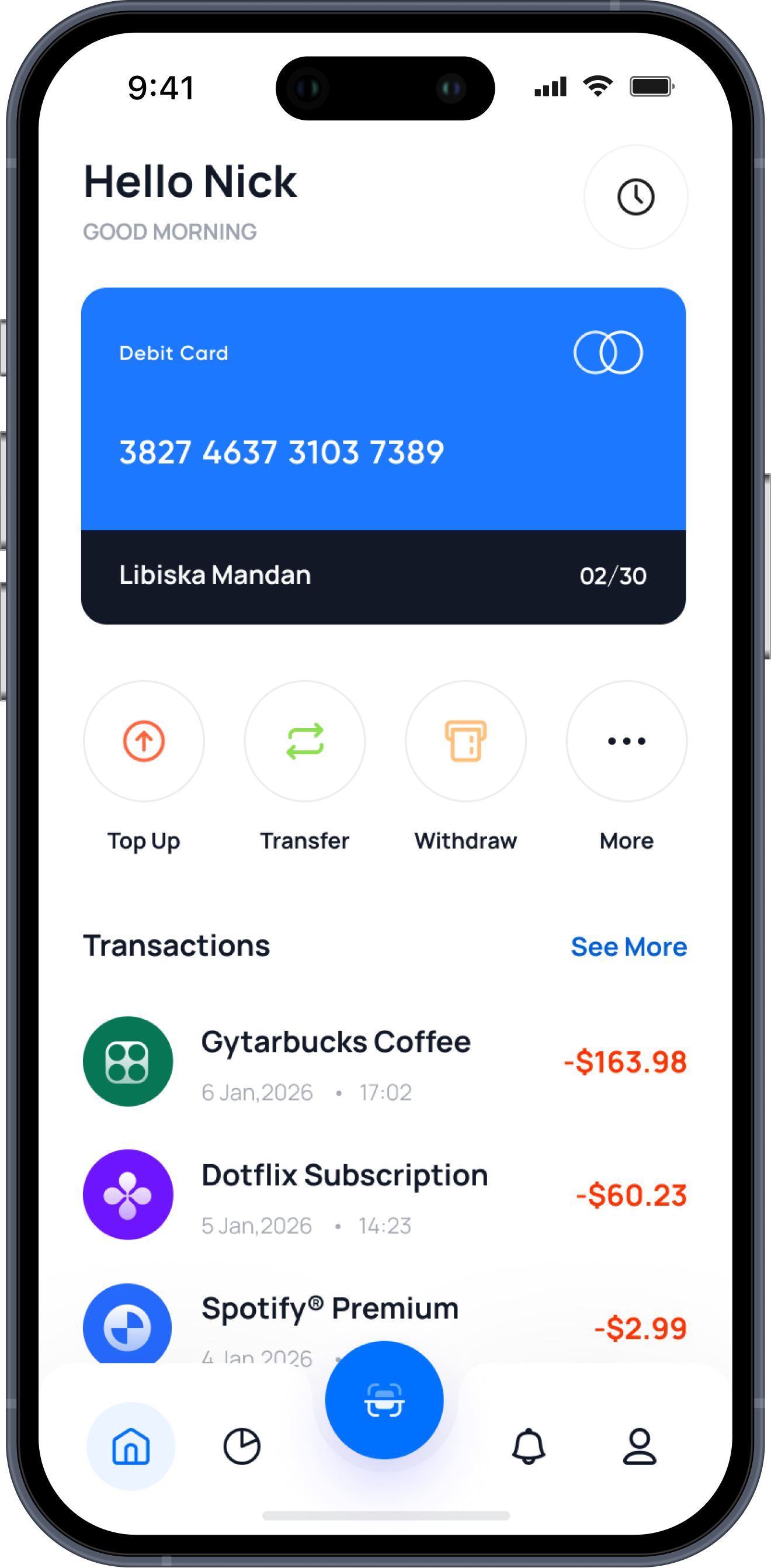 Mobile banking app screen