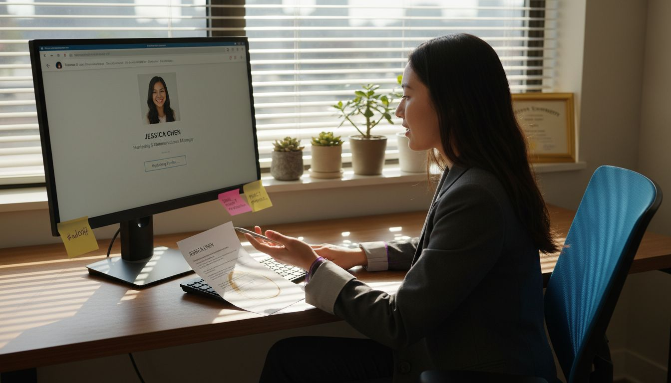 Professional updating LinkedIn profile at desk