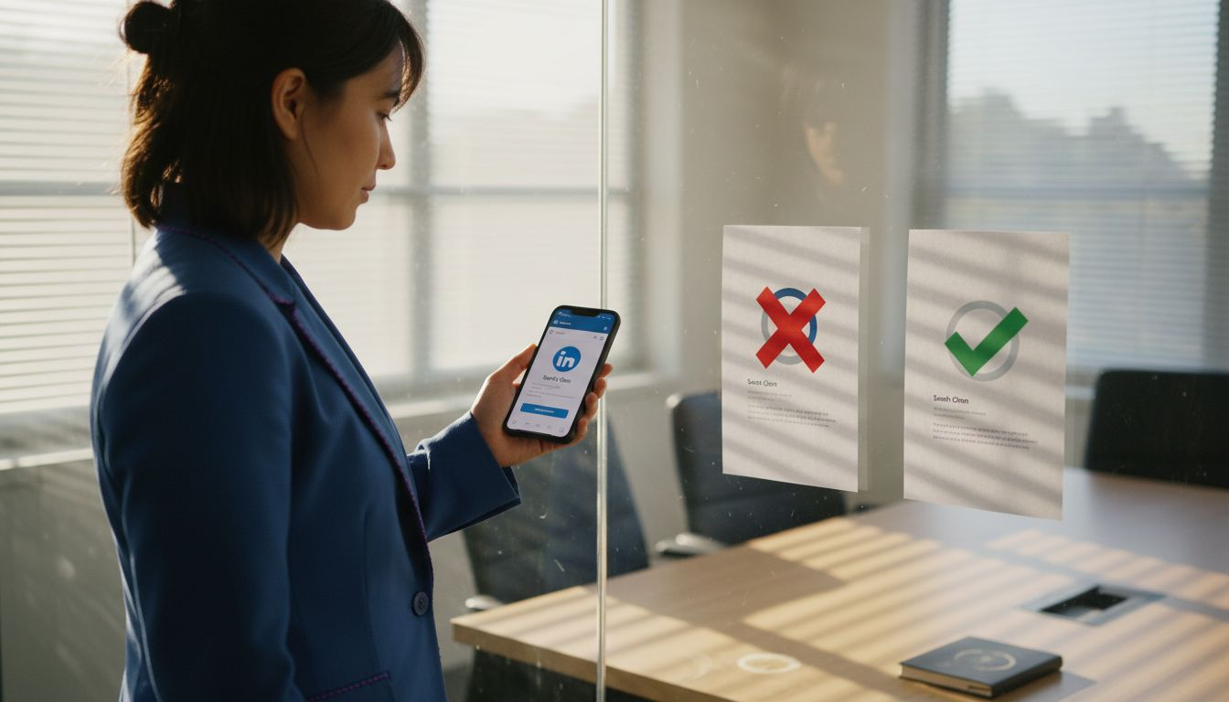 Marketer holding mobile with LinkedIn verification