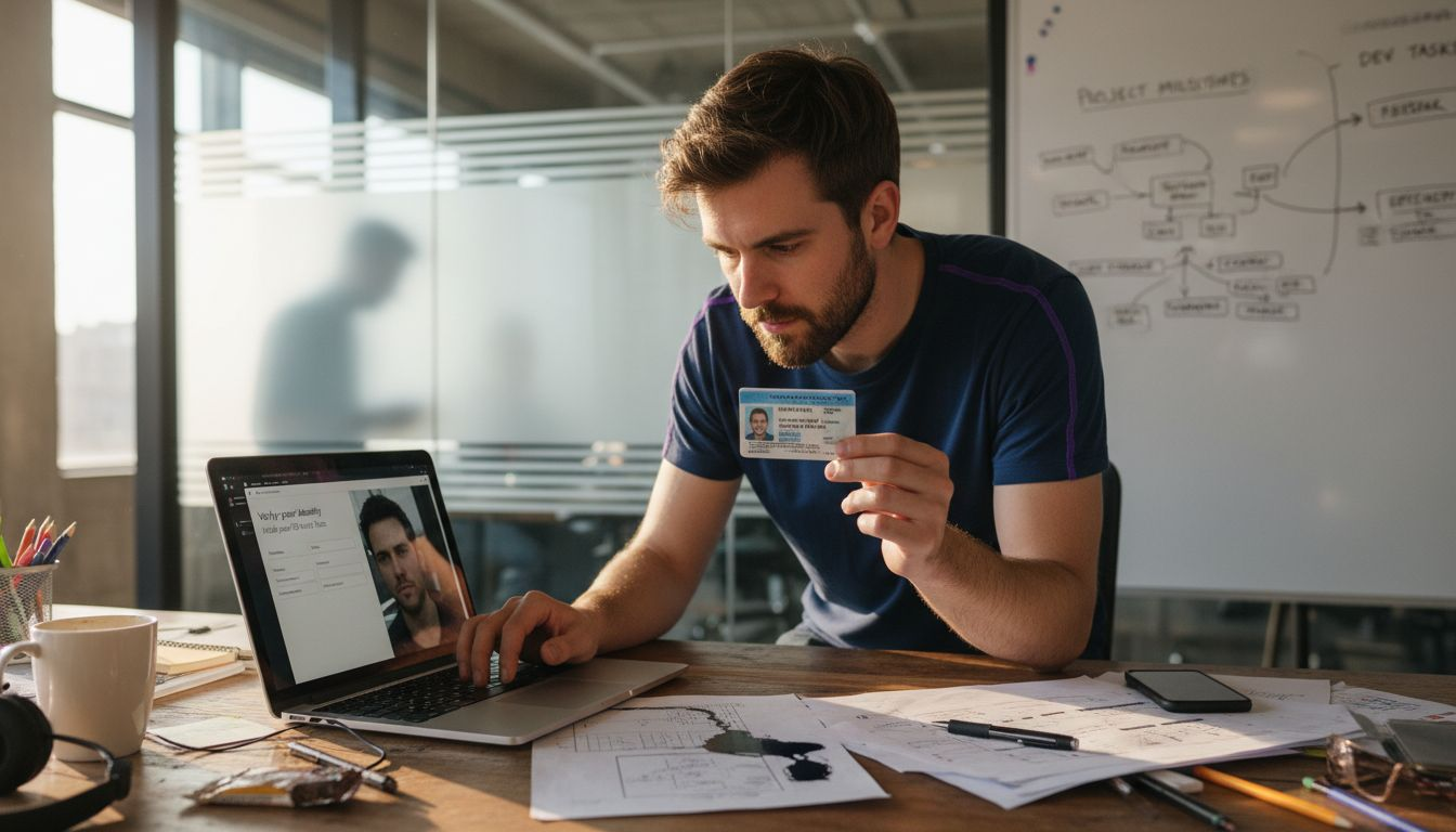 Man verifying LinkedIn ID at shared desk