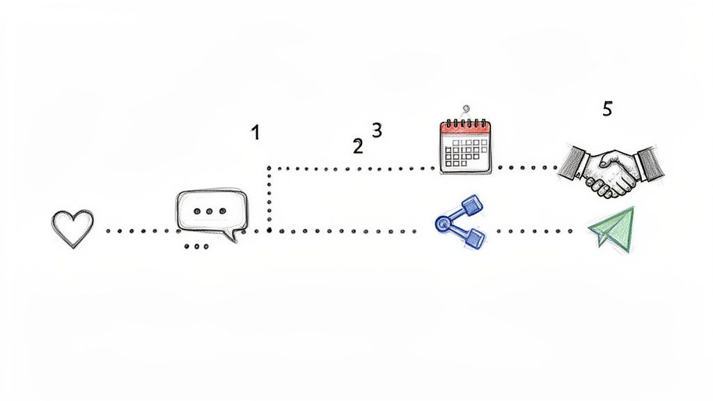 A flowchart showing social media engagement steps: like, comment, schedule, share, and connect.