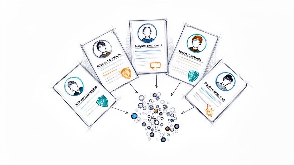 A hand-drawn sketch shows five profile cards with avatars connecting to a central cluster of data points.