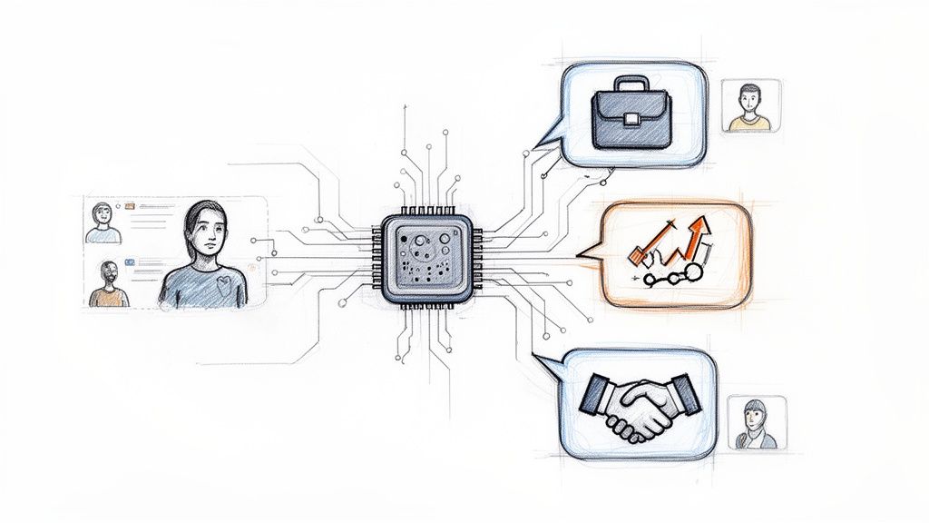 Digital brain connecting people, business strategies, growth analytics, and partnerships.