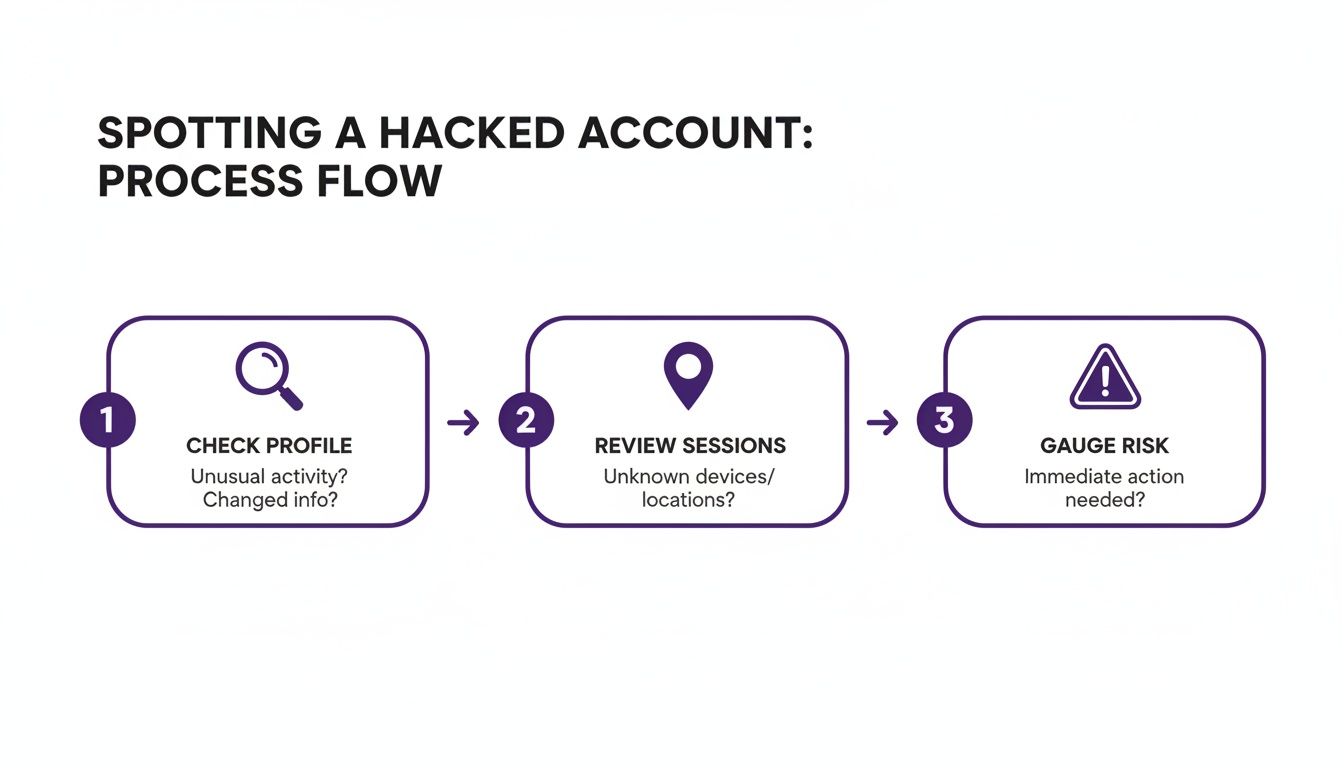 Process flow diagram showing three steps to spot a hacked account: check profile, review sessions, gauge risk.