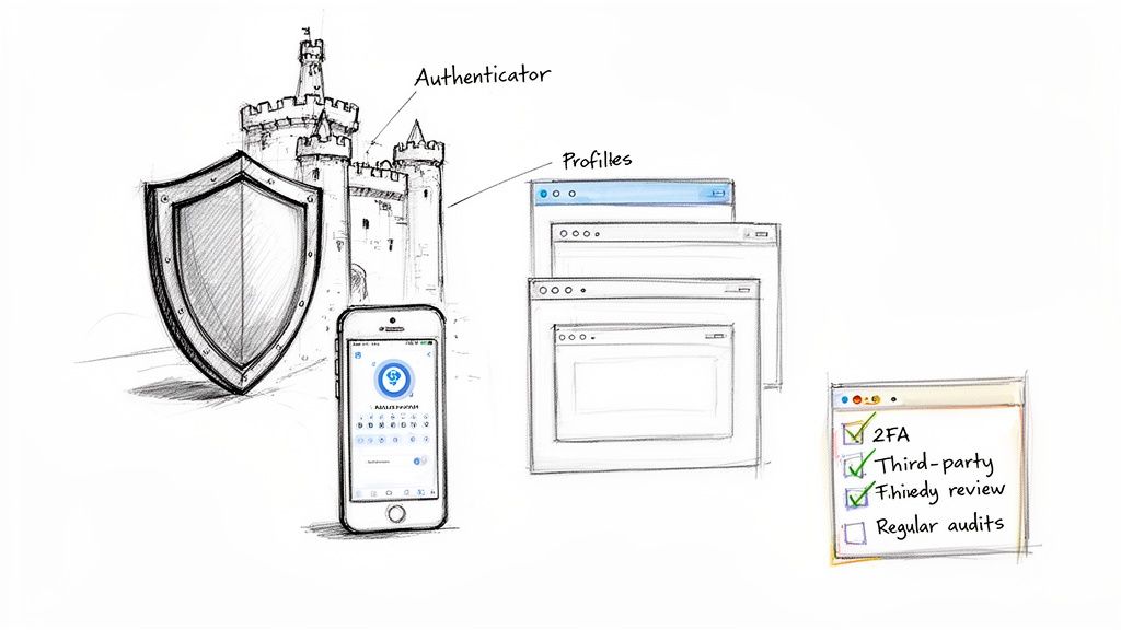 Hand-drawn illustration of digital security, featuring an authenticator app, profiles, and a security audit checklist.