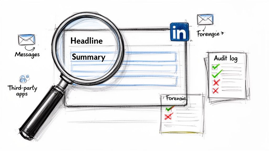 A magnifying glass inspecting a LinkedIn profile, messages, third-party apps, forensic data, and audit logs.