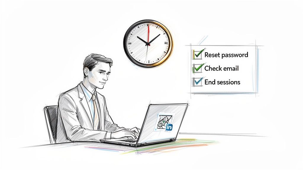 An illustration of a man securing his LinkedIn account on a laptop, with a checklist and clock.
