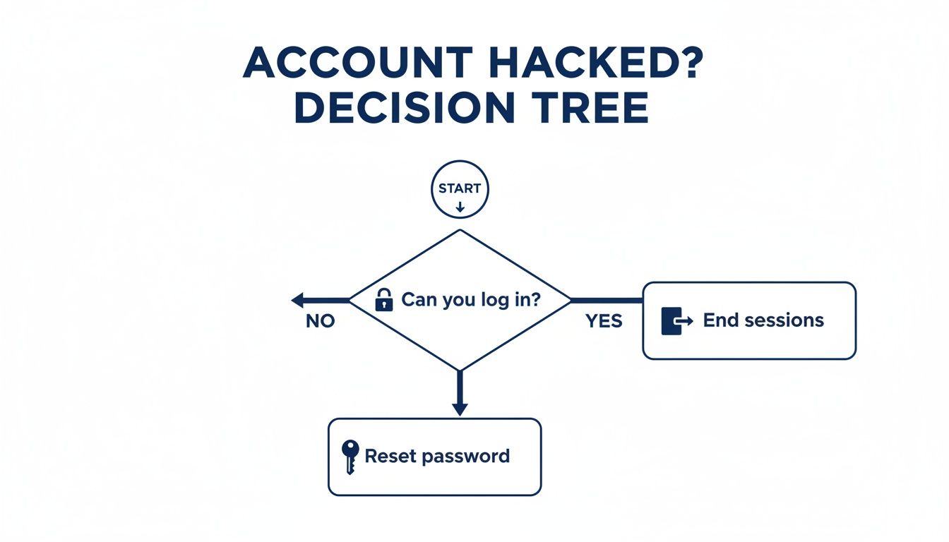 A flowchart titled 'Account Hacked? Decision Tree' shows steps for a compromised account.